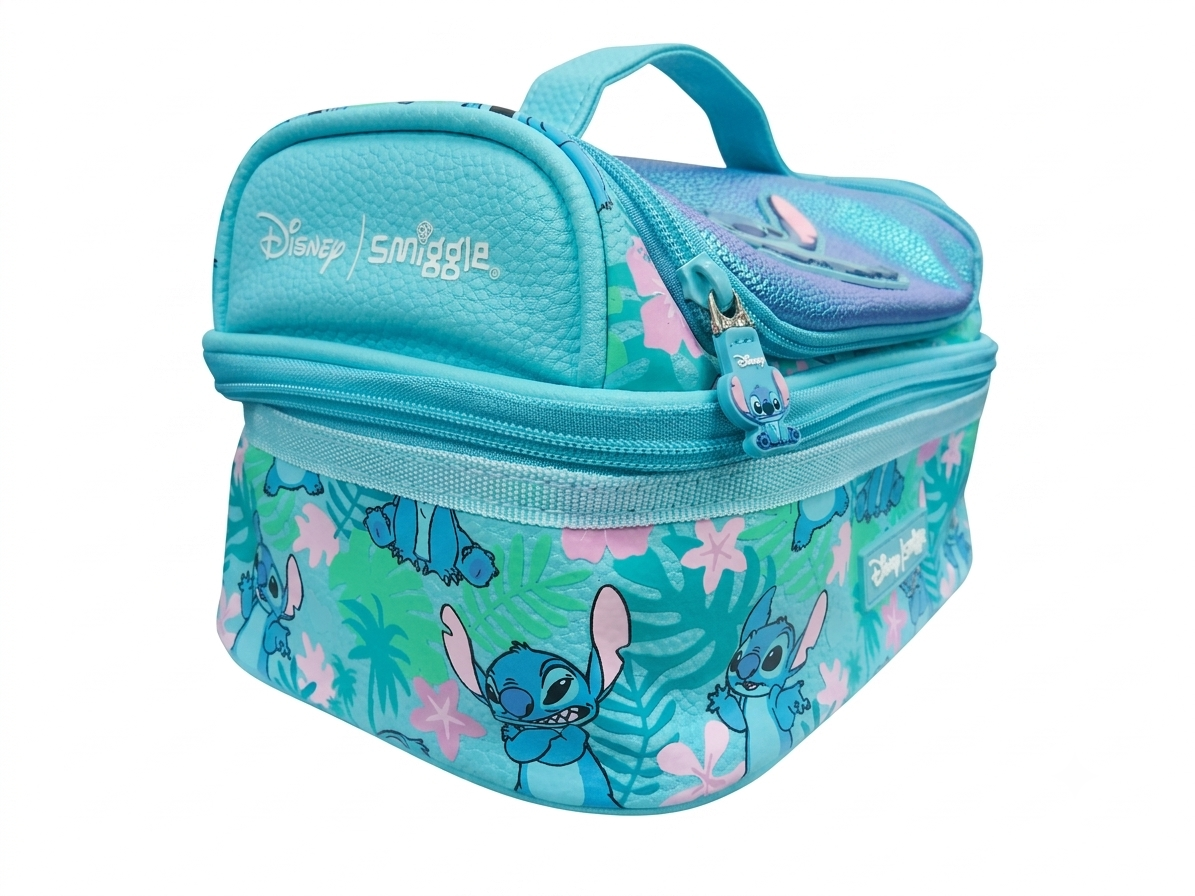 Disney Smiggle Double Decker Lunchbox – Stitch Tropical Print | Insulated Kids Lunch Bag | Blue & Teal