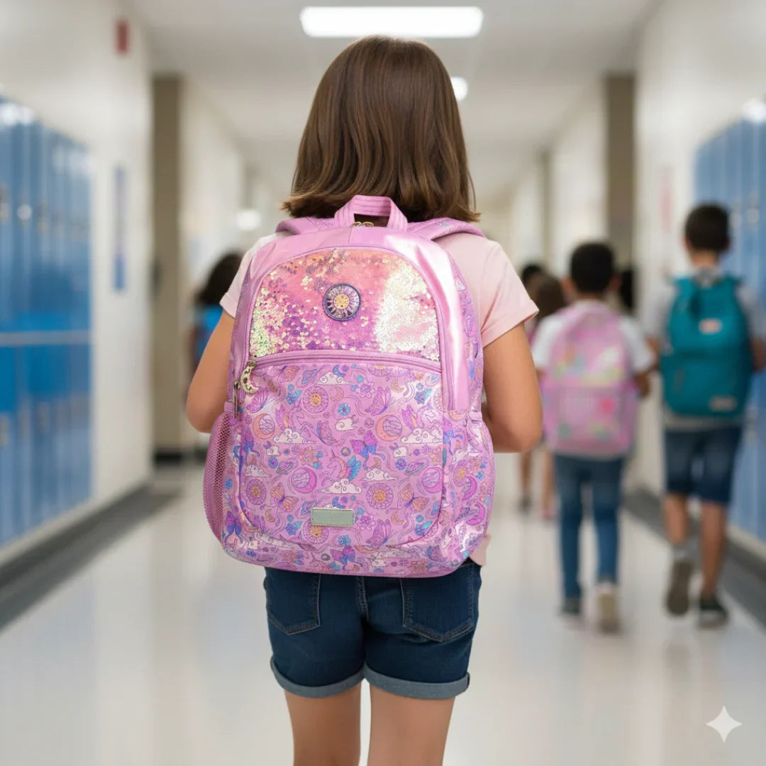 SMIGGLE Cosmos Classic Backpack – 16 Inch | Holographic Sequins & Iridescent Golden Pink Finish