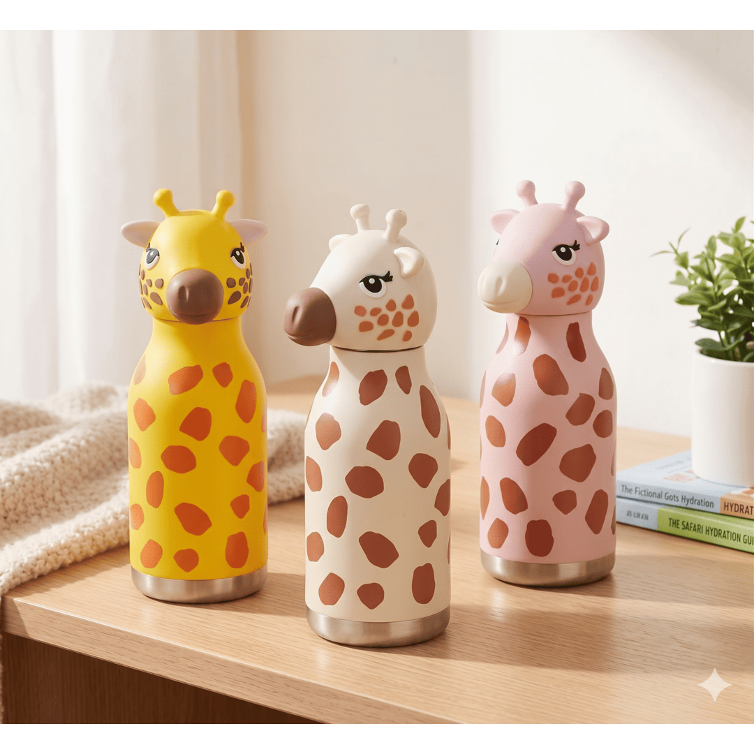 Afresh 365 Giraffe Animal Head Insulated Kids Water Bottle 450ml (16oz) | Stainless Steel Straw Bottle With 3 Colour Variants