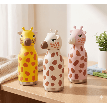 Afresh 365 Giraffe Animal Head Insulated Kids Water Bottle 450ml (16oz) | Stainless Steel Straw Bottle With 3 Colour Variants