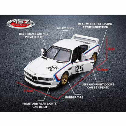 MSZ 1:32 BMW 3.0 CSL Die-Cast Model Car – White|Pull Back, Openable Doors, Light & Sound (68732A)