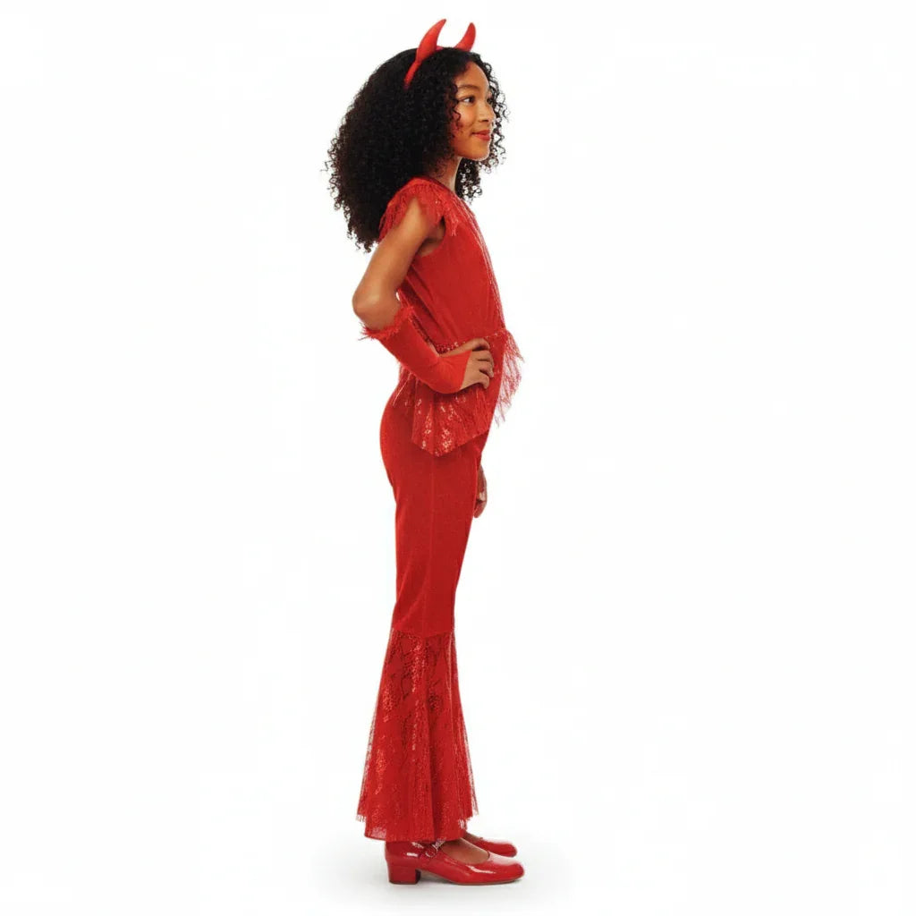 Girls’ Red Devil Halloween Costume with Horns & Trident – Kids Fancy Dress