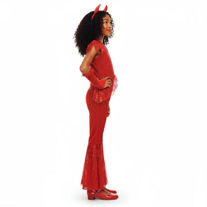 Girls’ Red Devil Halloween Costume with Horns & Trident – Kids Fancy Dress
