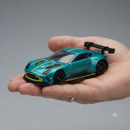 CCA 1:64 Aston Martin Vantage GT3 Die-Cast Model Car | Metallic Teal Green Racing Car with Rear Wing, Black Wheels & Lime Accents | Premium Collectible