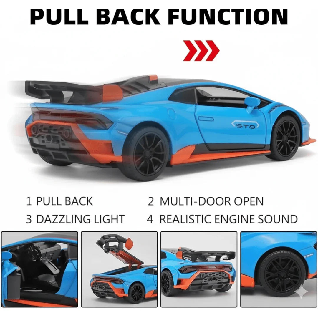 1:24 Scale Lamborghini Huracán STO. Die-Cast Metal Sports Car – Pull Back Model with Openable Doors, Sound & Light | Zinc Alloy Collectible Car