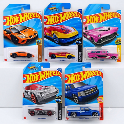 Hot Wheels 5-Car Diecast Set Lamborghini Huracán Sterrato + Chevy Silverado + Nerve Hammer HYW69 + ’8 Crate JJJ86 + El Viento X-Raycers