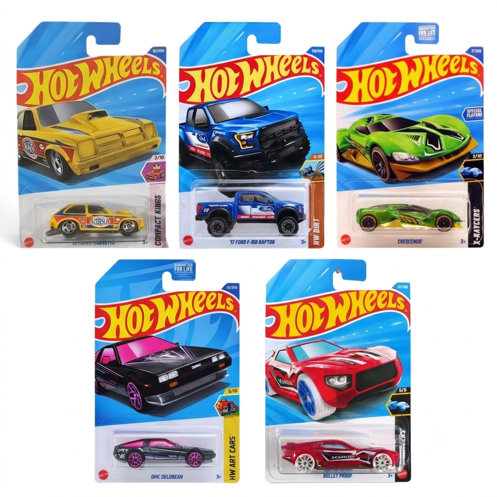 Hot Wheels 1:64 Scale 5-Car Die-Cast Set | ’76 Chevy Chevette, Crescendo Green, Bullet Proof, Ford F-150 Raptor & DMC DeLorean