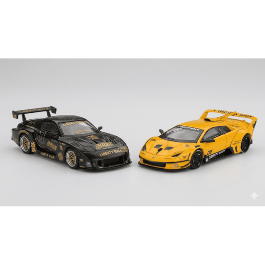 Mini GT 1:64 Liberty Walk Duo Set – Mazda RX-7 FD LB Super Silhouette Black & Gold + Lamborghini LB-Silhouette Works Murciélago GT EVO Yellow Diecast Model Cars