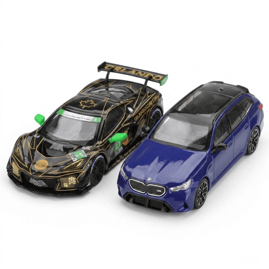 Mini GT 1:64 Racing Duo Set – Chevrolet Corvette Z06 GT3.R #13 AWA Daytona 24H 2025 + BMW M5 Touring G99 Marina Bay Blue RHD Diecast Model Cars