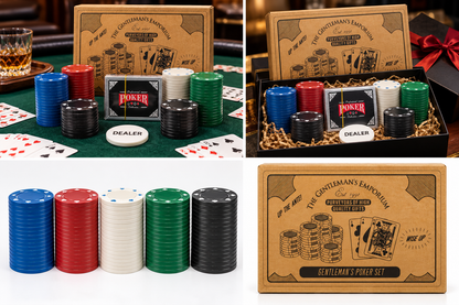 The Gentleman’s Emporium Poker Set with Multicolour Chips, Playing Cards & Dealer Button – Classic Poker Game Gift Set