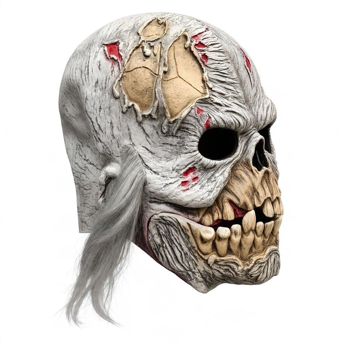 Halloween Zombie Skull Horror Mask with Open Jaw & Long Grey Hair – Scary Costume Mask for Adults