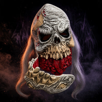 Halloween Zombie Skull Horror Mask with Open Jaw & Long Grey Hair – Scary Costume Mask for Adults