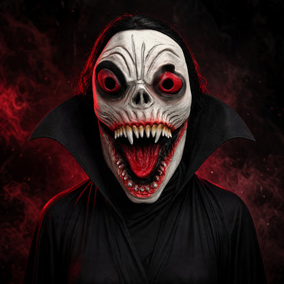 Halloween Scary White Demon Mask with Red Eyes & Black Hair – Horror Costume Mask for Adults