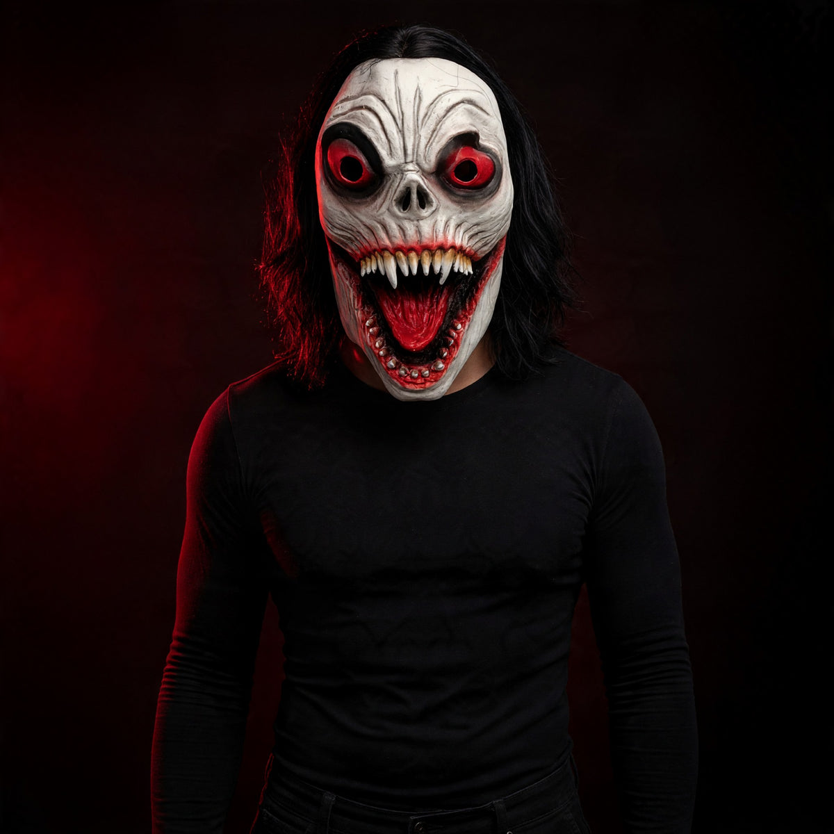 Halloween Scary White Demon Mask with Red Eyes & Black Hair – Horror Costume Mask for Adults