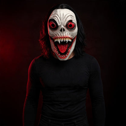 Halloween Scary White Demon Mask with Red Eyes & Black Hair – Horror Costume Mask for Adults