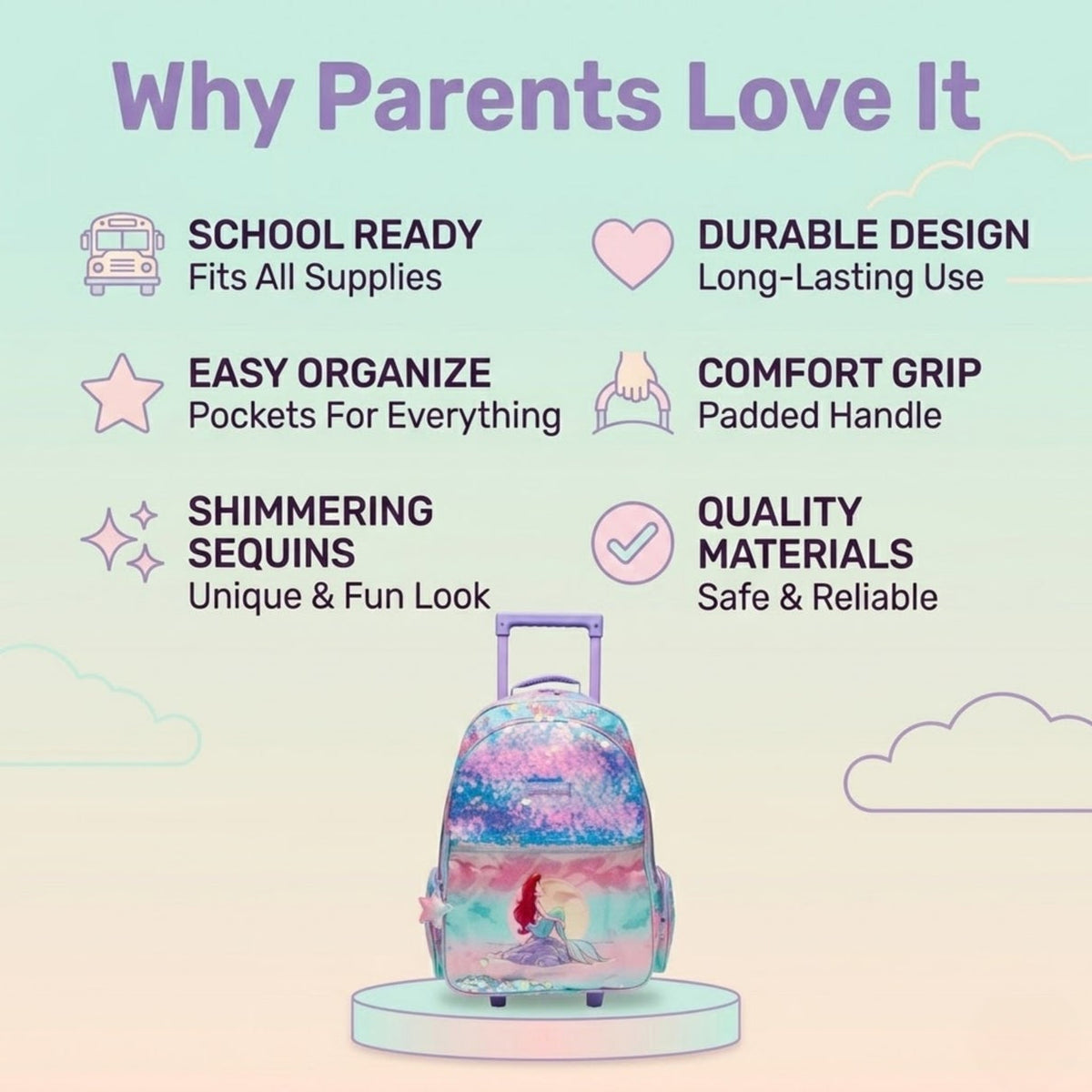 Smiggle Disney The Little Mermaid Ariel 18 Inch Trolley Backpack – 18L Kids Rolling School Bag with Extendable Handle & Wheels – Multicolour