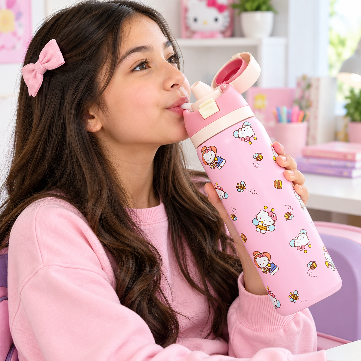 Hello Kitty 946ml (32oz) Insulated Stainless Steel Water Bottle for Girls with Straw Sipper Lid, Carry Handle, Leak-Resistant Design & Cute Pink Bee Print – Large Capacity Reusable Travel Bottle