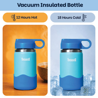 Basil 380ml Kids Stainless Steel Water Bottle with Straw & Carry Loop | 304 Steel, Silicone Protective Base | Glacier Blue & Lagoon Green