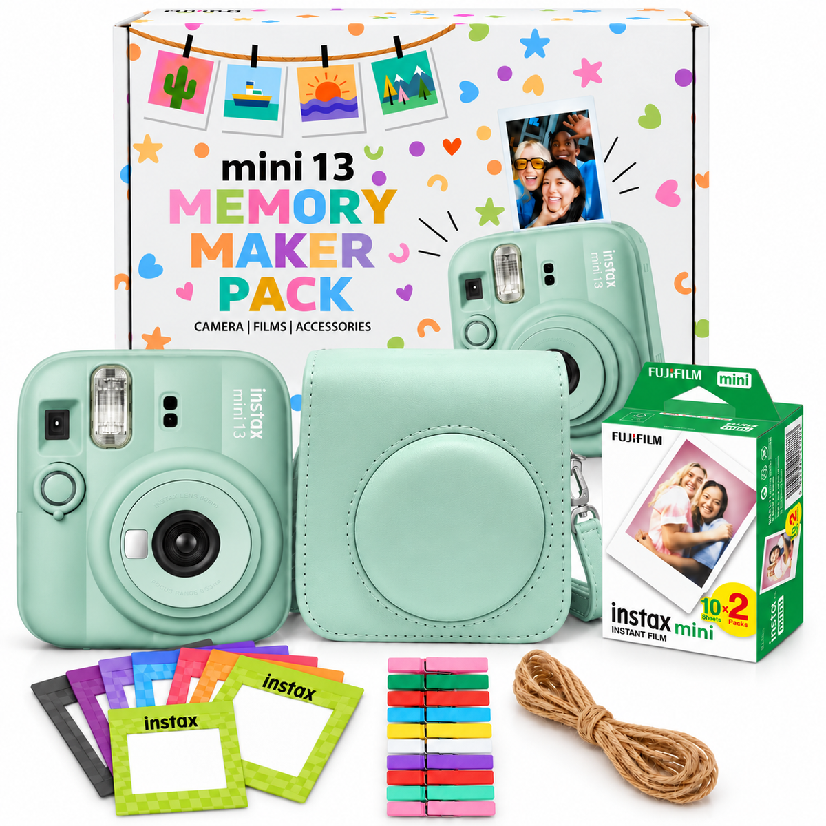 Fujifilm Instax Mini 13 Memory Maker Gift Pack – Instant Camera with 20 Films, Case & Photo Display Kit - Lagoon Green
