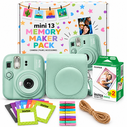 Fujifilm Instax Mini 13 Memory Maker Gift Pack – Instant Camera with 20 Films, Case & Photo Display Kit - Lagoon Green