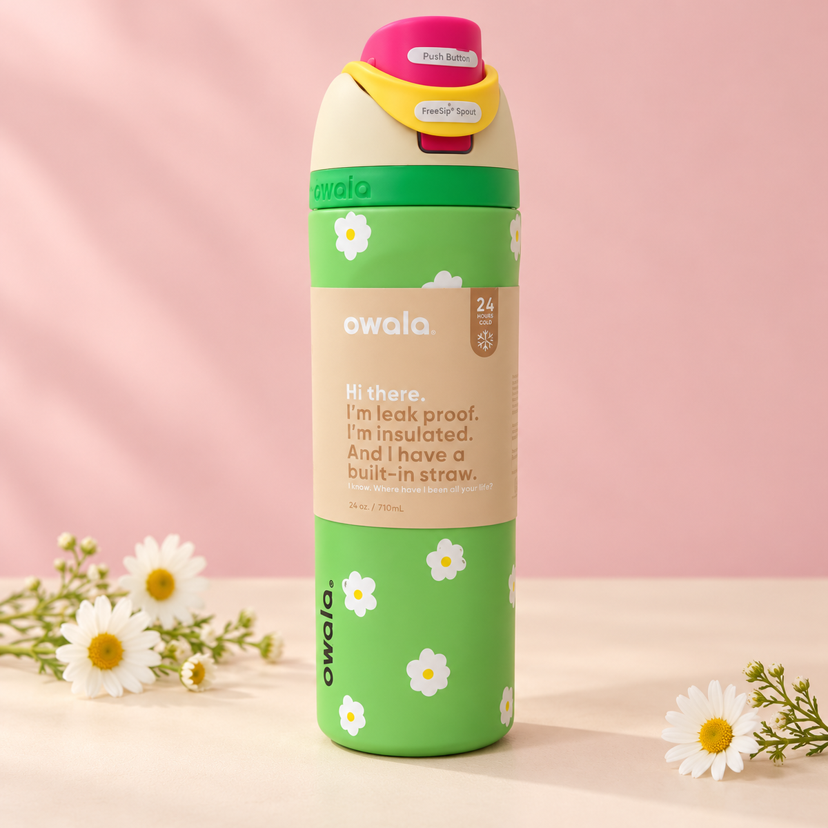 Owala 710ml FreeSip Insulated Water Bottle with Built-In Straw, Leak-Proof Push-Button Lid – Green Daisy Floral Design
