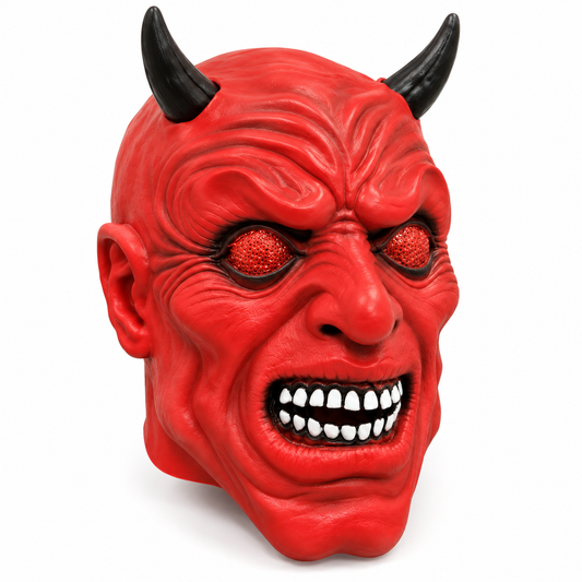 Halloween Scary Red Devil Mask with Black Horns – Horror Demon Costume Mask for Adults