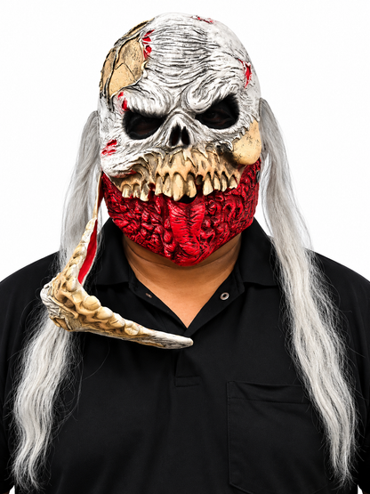 Halloween Zombie Skull Horror Mask with Open Jaw & Long Grey Hair – Scary Costume Mask for Adults