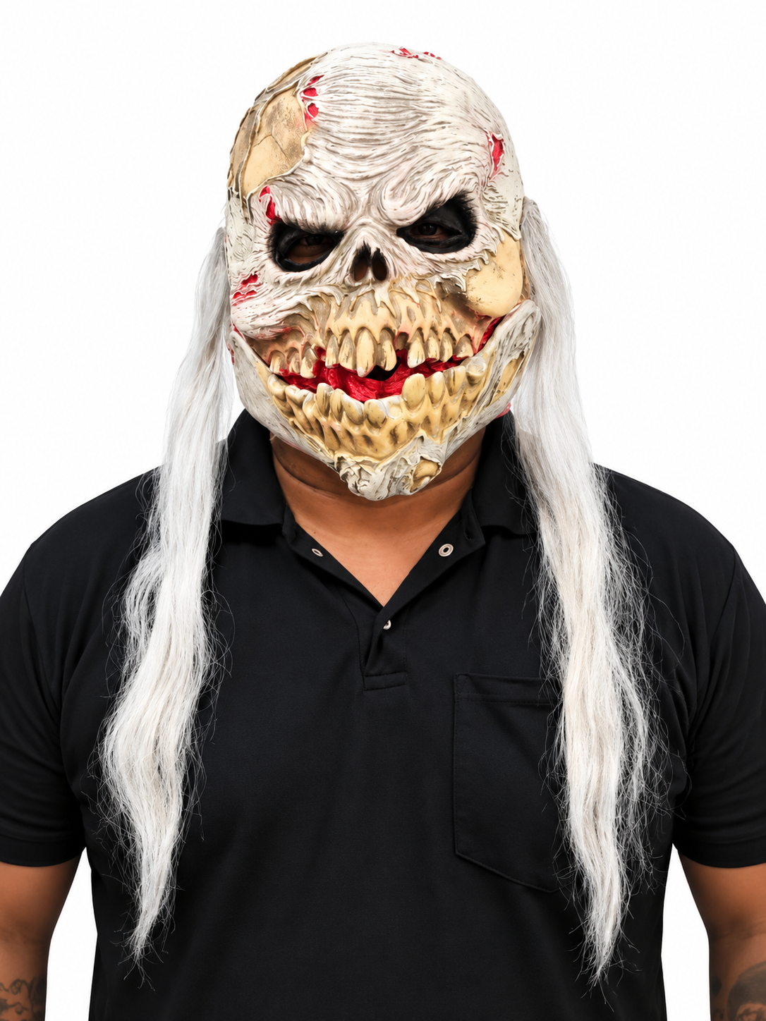 Halloween Zombie Skull Horror Mask with Open Jaw & Long Grey Hair – Scary Costume Mask for Adults