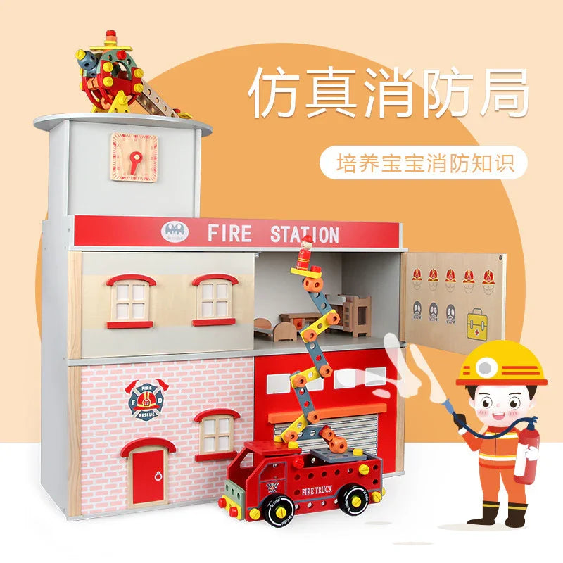 Breatoi Deluxe Wooden Fire Station Pretend Playset with Fire Truck & Accessories ,Age 3 Yrs+ - Jaiman Toys
