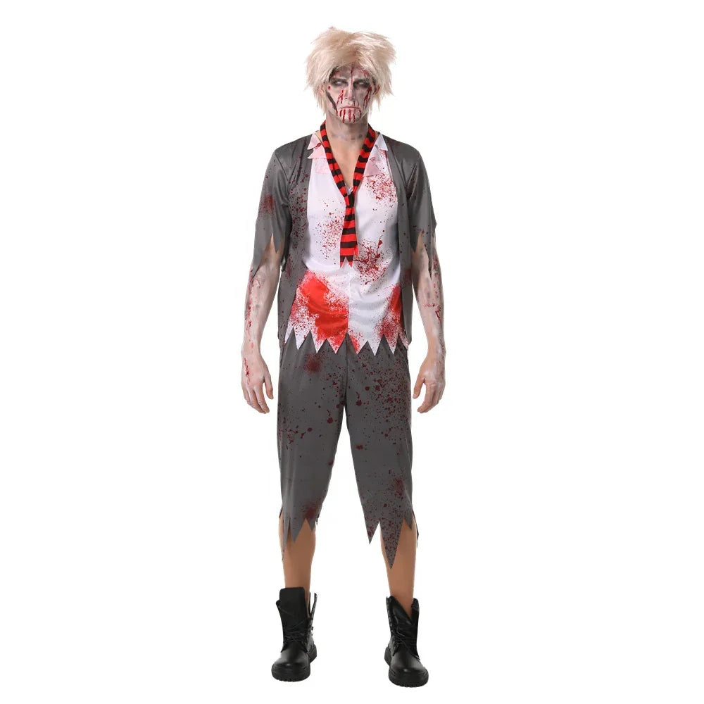 Men’s Zombie Schoolboy Halloween Costume Includes Tattered shirt,Tie ,Pant – Adult Horror Outfit