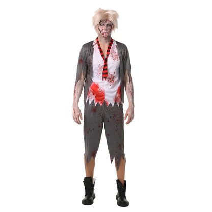 Men’s Zombie Schoolboy Halloween Costume Includes Tattered shirt,Tie ,Pant – Adult Horror Outfit