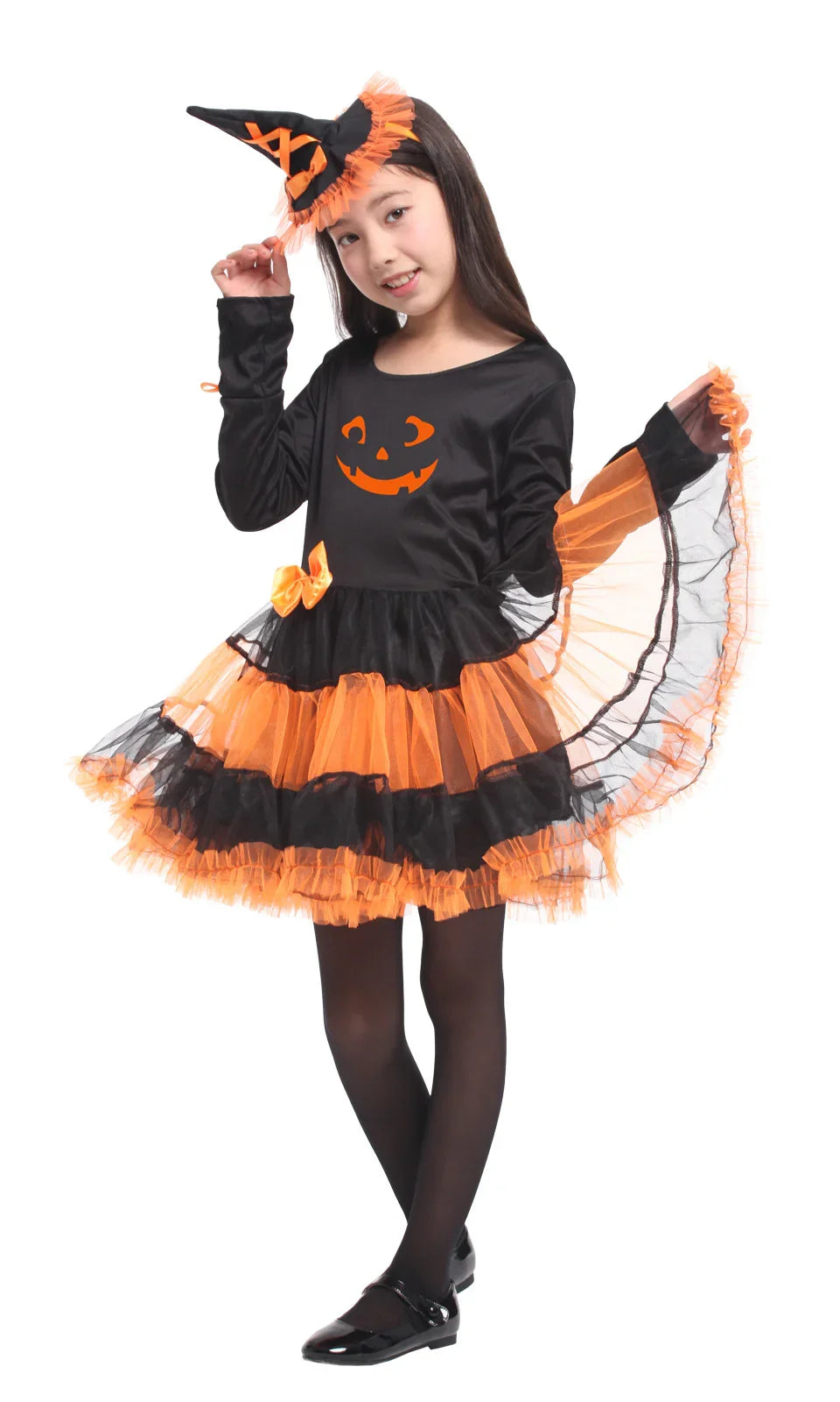 Girls Performance Witch Pumpkin Costumes With Hat Fancy Popular Halloween Makeup Ball Party Dress Kids Cosplay Performance Gift