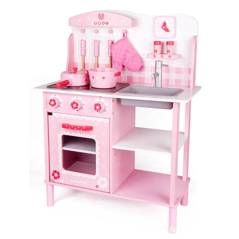 Pink Wooden Kitchen Role Play Toy Set For Kids Kitchen Mini Simulation Cooking Pretend Play Set