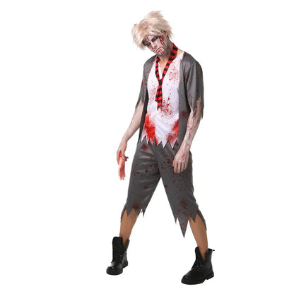 Men’s Zombie Schoolboy Halloween Costume Includes Tattered shirt,Tie ,Pant – Adult Horror Outfit