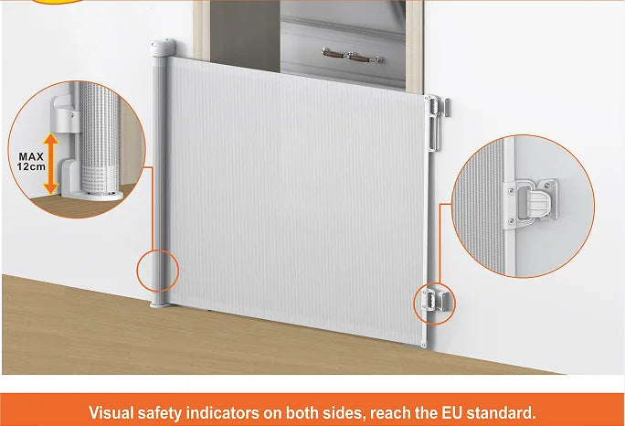 SG018 Baby Safety Gate- Retractable Extra Large PVC Mesh Safety Gate – Child & Pet Safety Barrier for Doorways, Hallways & Stairs