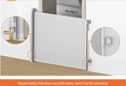 SG018 Baby Safety Gate- Retractable Extra Large PVC Mesh Safety Gate – Child & Pet Safety Barrier for Doorways, Hallways & Stairs