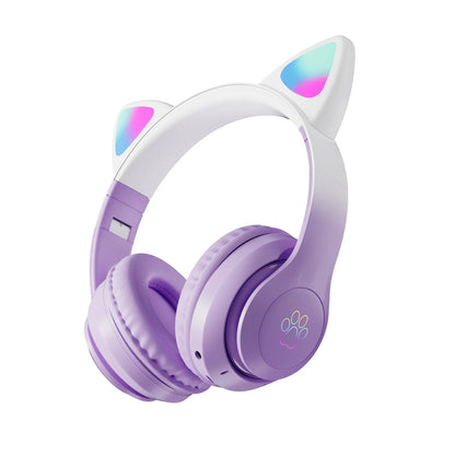 CAT STN-28 Pro Wireless Ear Headphones – Bluetooth 5.3 HiFi Stereo Headset with LED RGB Lights & Mic (Purple) - Jaiman Toys