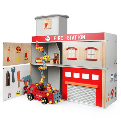 Breatoi Deluxe Wooden Fire Station Pretend Playset with Fire Truck & Accessories ,Age 3 Yrs+ - Jaiman Toys