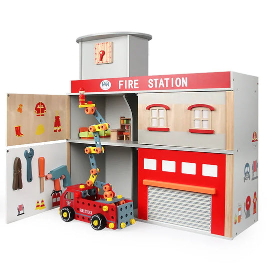Breatoi Deluxe Wooden Fire Station Pretend Playset with Fire Truck & Accessories ,Age 3 Yrs+ - Jaiman Toys