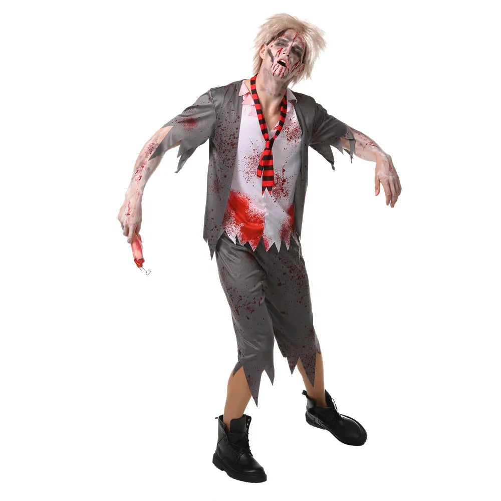 Men’s Zombie Schoolboy Halloween Costume Includes Tattered shirt,Tie ,Pant – Adult Horror Outfit