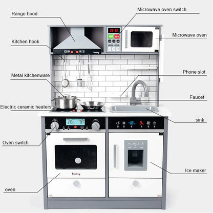 Wooden Kids Kitchen Playset with Light & Sound | Pretend Play Cooking Set With Range Hood, Microwave & Sink | Role Play Toy for Children