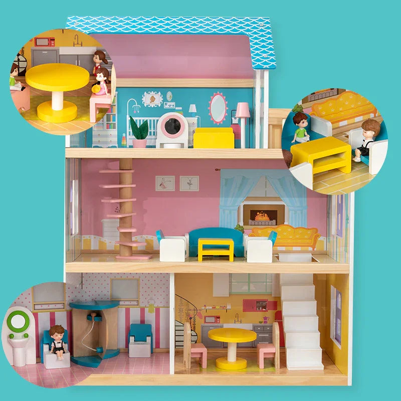 MDF 3-Floor Wooden Doll House Baby – Pretend Play Furniture Set for Kids, Educational Role Play Toy
