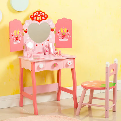 Pretend Role Play Drawing Makeup Game Toy Wooden Pink Princess Dressing Table Toy
