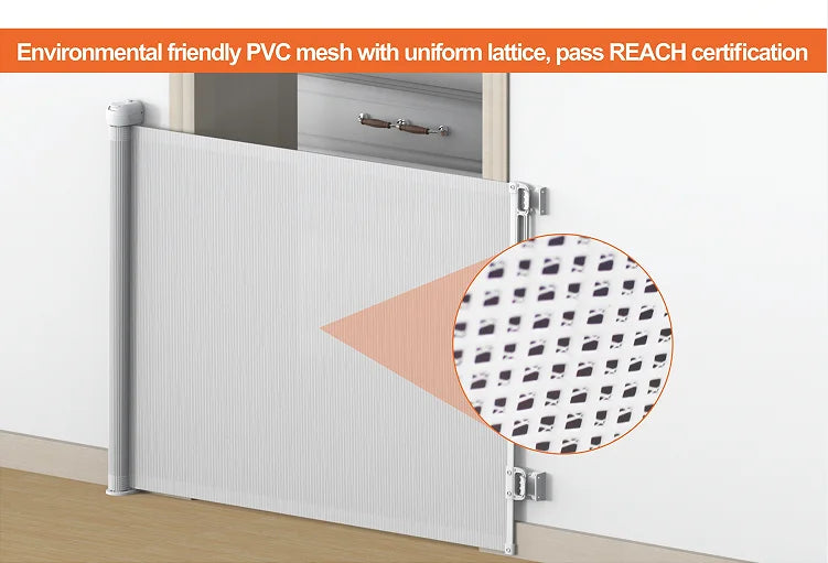 SG018 Baby Safety Gate- Retractable Extra Large PVC Mesh Safety Gate – Child & Pet Safety Barrier for Doorways, Hallways & Stairs