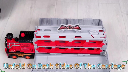 HUAN LE DI Super Large Foldable Train Car Storage Track Set with 8 Mini Diecast Cars – 2.48M Racing Playset for Kids TWO VARIANTS