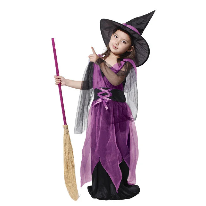 Girls’ Purple Witch Halloween Costume with Dress & Hat – Pretend Play Outfit