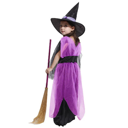 Girls’ Purple Witch Halloween Costume with Dress & Hat – Pretend Play Outfit