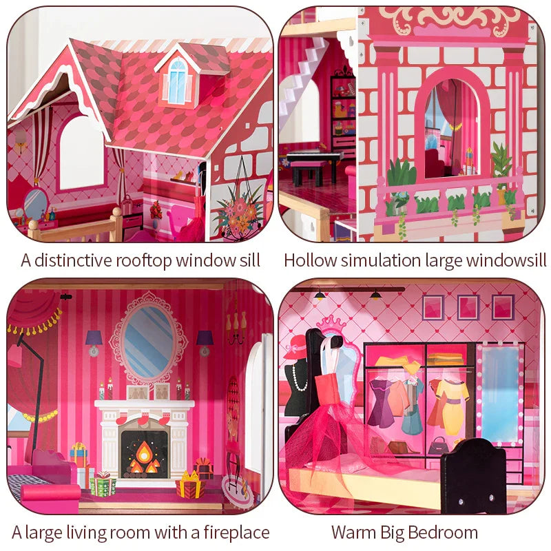 Pink Villa Doll House Toys Diy Castle Family Birthday Gift Deluxe Doll House Set-For Kids