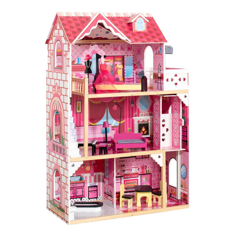 Pink Villa Doll House Toys Diy Castle Family Birthday Gift Deluxe Doll House Set-For Kids