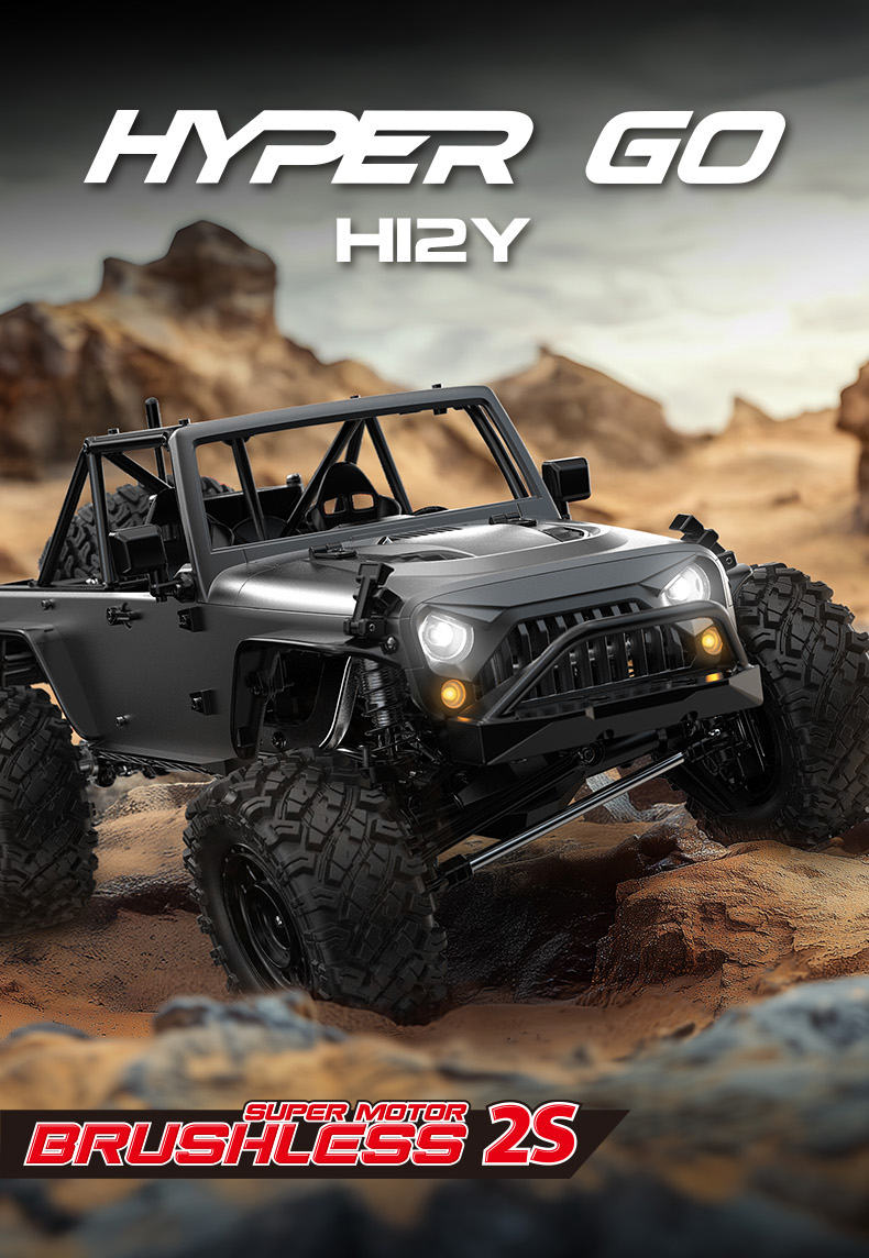 MJX Hyper Go H12Y Brushless 1:12 4WD RC Crawler Truck | LED Lights | 2.4GHz RTR Off-Road Vehicle (Grey)